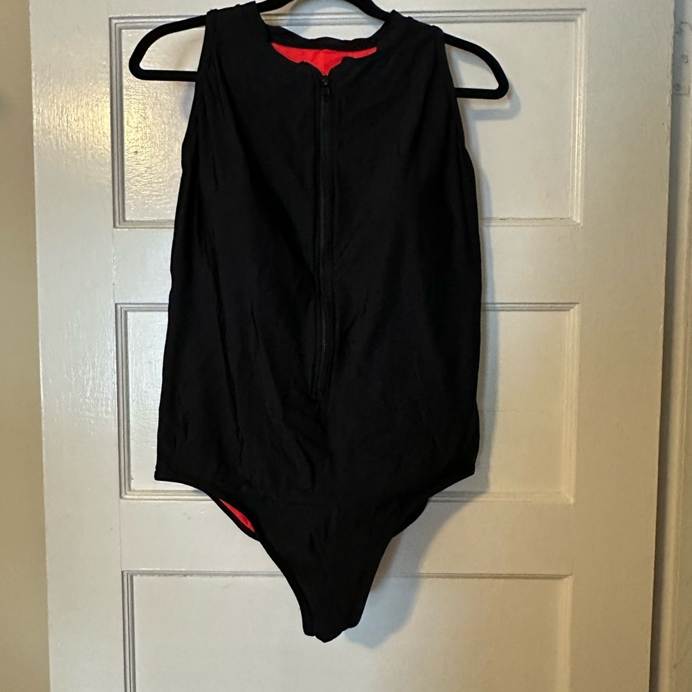 Black Sleeveless One Piece Bathing suit with Neon Pink Lining 18 w